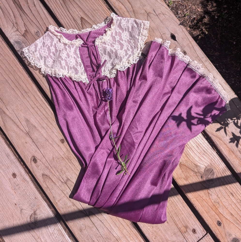 Romantic Purple and Cream Satin Chemise with Lace Details